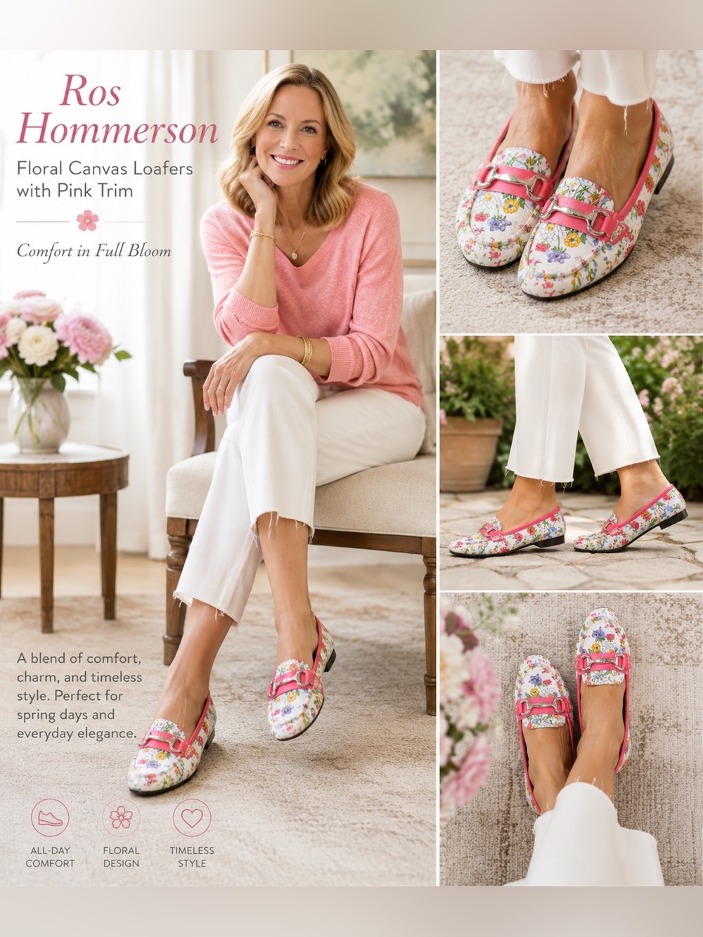 Ros Hommerson Floral Canvas Loafers with Pink Trim